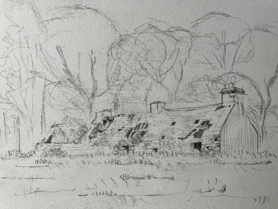 Carbon pencil sketch of the same farmhouse at an earlier date.  Unlike the previous sketch, there is less growth around the house and doors and windows can be seen.
