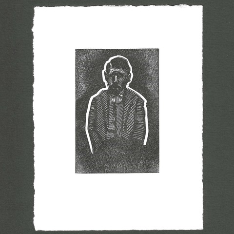 Linocut print of an elderly man wearing a waistcoat and suit.  The man is haloed with a white border beyond is a black shadow fading to grey.  He looks disconsolate.
