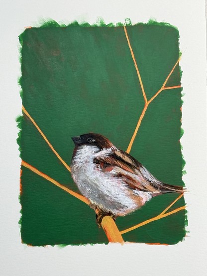 A painting of a sparrow on some yellow branches against a green background 