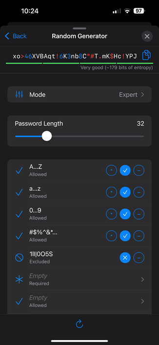 Screenshot of my password generator rules showing my default password length and my password generation rules including a-z, A-Z, 0-9, and #$%^&”, etc. special characters.