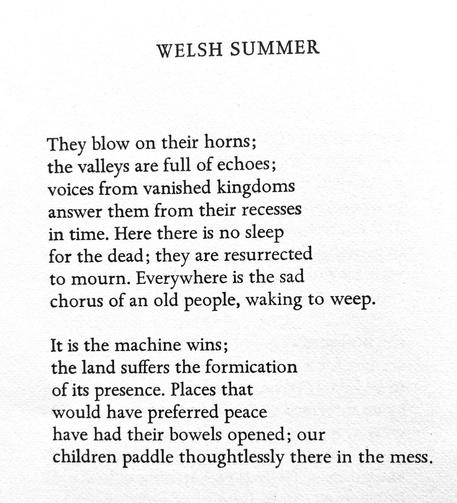 Text of poem -
WELSH SUMMER.
They blow on their horns; the valleys are full of echoes; voices from vanished kingdoms answer them from their recesses in time. Here there is no sleep for the dead; they are resurrected to mourn. Everywhere is the sad chorus of an old people, waking to weep. It is the machine wins; the land suffers the formication of its presence. Places that would have preferred peace have had their bowels opened; our children paddle thoughtlessly there in the mess.