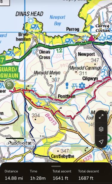 Is map of the route. Starting/ending at Llanychaer taking the route south to Cilgwyn and then a gradual descent through the Gwaun Valley. 