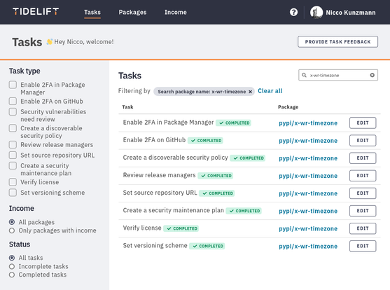 All tidelift tasks for x-wr-timezone completed.
