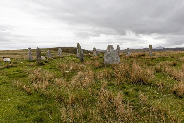 Photograph of Steinacleit stone circle and cairn, shwing the stones on a bleak moor with a very grey sky