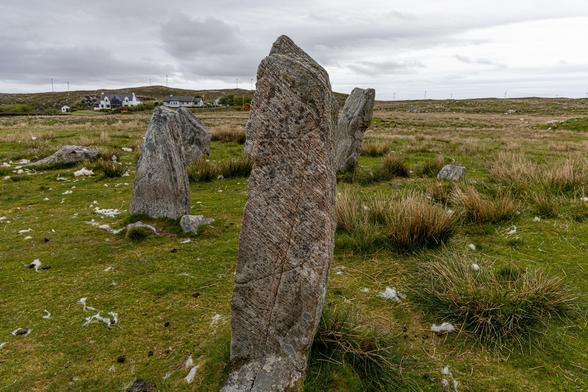 Photograph of Steinacleit stone circle and cairn, shwing the stones on a bleak moor with a very grey sky