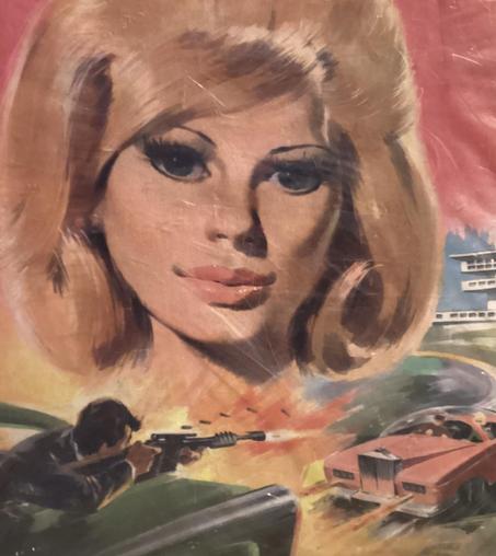 Lady Penelope plus a man shooting at a pink Rolls Royce 
