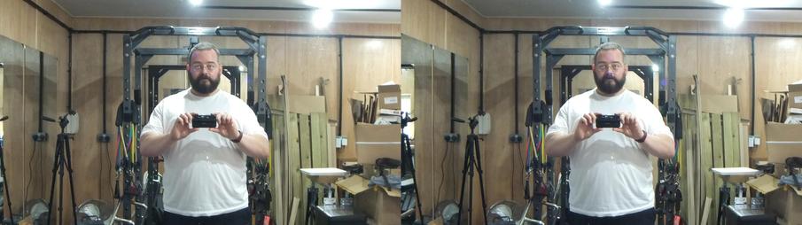 A mirror selfie in my workshop/gym using a 3D camera. The image is stereoscopic, made out of two photos, one for left and the other for the right eye. Cross your eyes just right (or use a viewer) to see it in 3d.