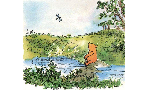 A coloured drawing. Winnie The Pooh sits on a stepping stone half way across a stream. He is looking up into the sky where there is a dragonfly which seems to be doing the distinctive dancing flight of the male Banded Demoiselle. Pooh appears to be watching it, although some uninformed people think he is just lost in thought.
