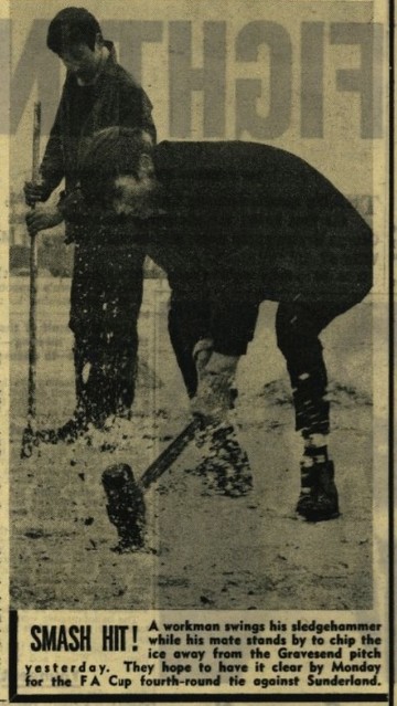 A man hitting the ice with a hammer 