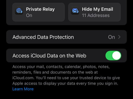 Screenshot of some of my iCloud settings showing…

Private Relay is On and Hide My Email has been used on 11 Addresses 

Advanced Data Protection is On as is Access iCloud Data on the Web.

Access your mail, contacts, calendar, photos, notes, reminders, files and documents on the web at iCloud.com. You'll need to use your trusted device to give Apple access to display your data every time you sign in.

Click to Learn More.