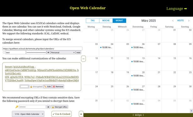 The Open Web Calendar has a new User Interface. You can see encryption when adding URLs and a calendar on the side updating while changes are made.