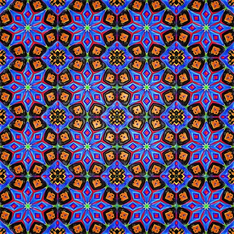 Square tiling with octagons and squares. The octagons have blue and red eight pointed stars inside, and black and orange almost kites round the edges. The squares have a motif with the same colours.