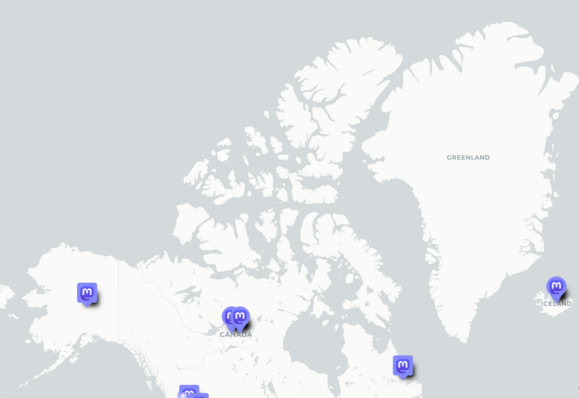 Screenshot from mastodon-near.me showing the North Atlantic from Alaska to Iceland, with local fediverse servers pineed to the map. Greenland has no pin, but Alaska, Canada and Iceland do.