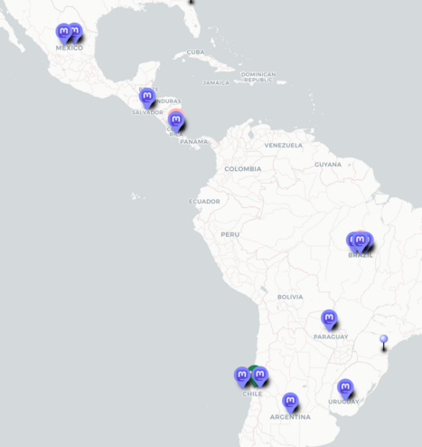A screenshot from mastodon-near.me showing central and south America, with some countries having fediverse servers. Panama does not.