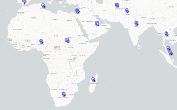 A screenshot of mastodon-near.me showing Africa and parts of Asia, very few countries and locales have pins on the map for local fediverse servers