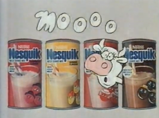 Nesquik ad from the 1980s with a cartoon cow saying MOOOO.