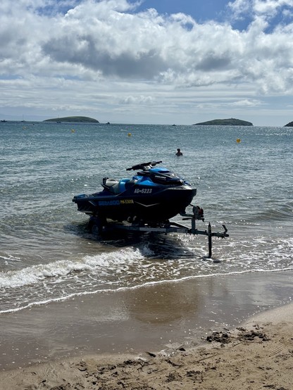 View of the two islands from Abersoch beach. The jetski is in the foreground as the area is notoriously renowned for them. 