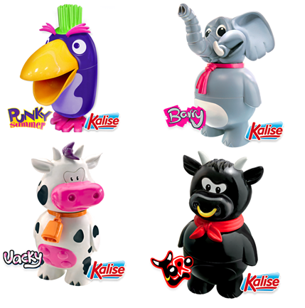 Punky (a plastic penguin), Barry (an elephant) and Vacky (a cow) are joined by a new character - Toro the bull.

All of them contain ice cream.