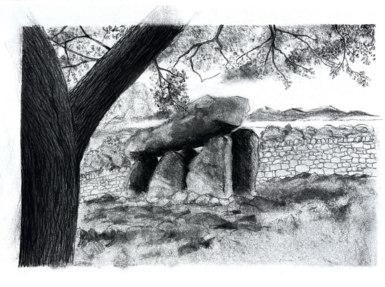 The bough of an oak tree frames a portal dolmen on which light falls, casting part of it in heavy shade.  A filigree of leaves reach down to the head stone of the dolmen.