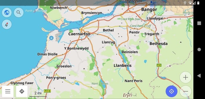 Darlun o fap Cymraeg o fewn ap Android OsmAnd o ardal Arfon, Gwynedd