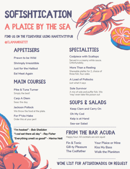 A mock up of a menu for the fictional &quot;Sofishticated&quot; restaurant, with many of the puns from the thread below as menu items