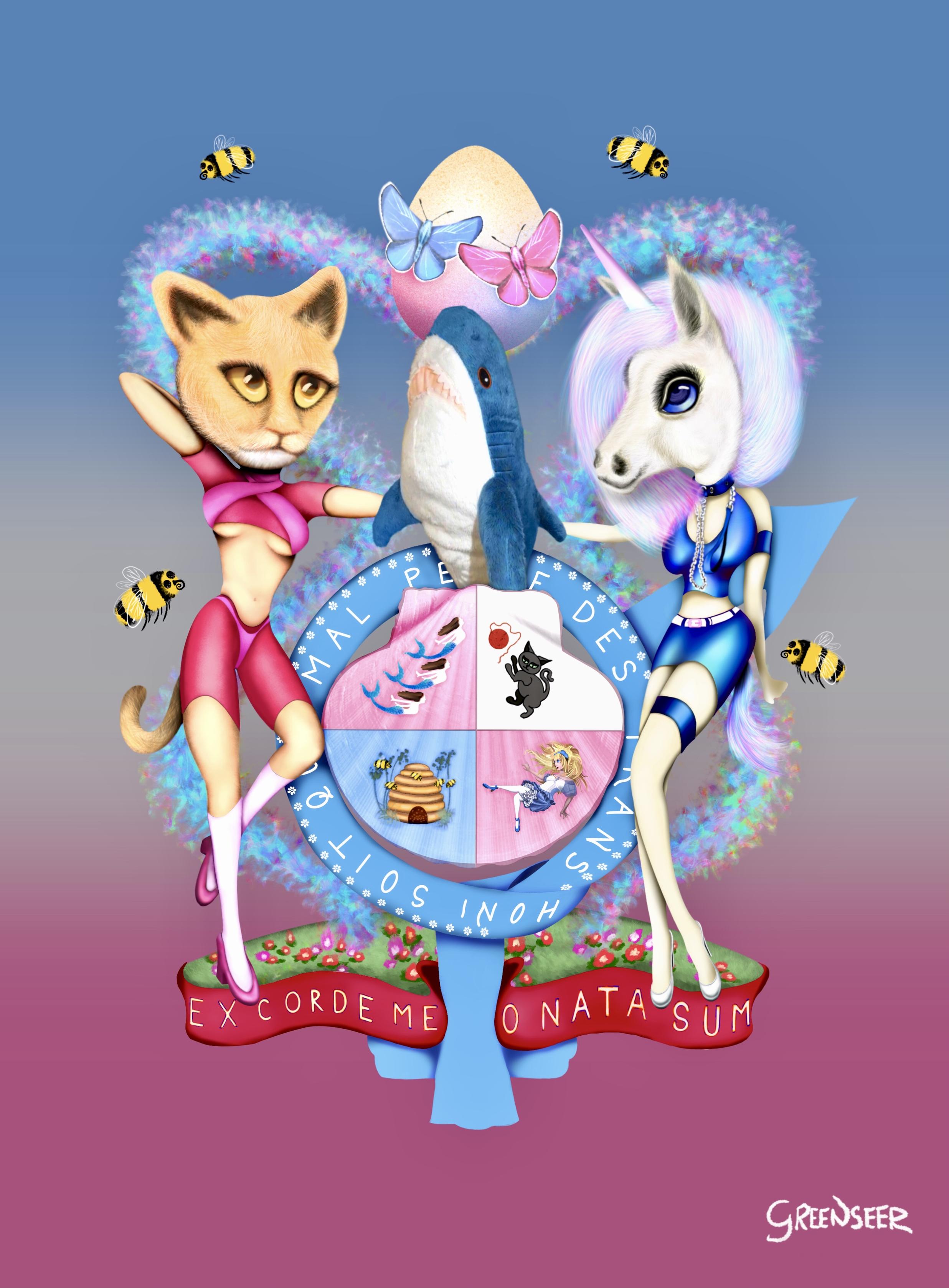 Digital art representation of a parody Royal Coat of Arms for the transfem community, including cartoon anthropomorphic lioness and unicorn, posing next to the blohaj shark reaching to an egg upon which 2 butterflies rest. A scallop shell replaces the shield, divided into four quarters showing mermaids, a rampant black cat, a beehive, and Alice falling, in place of the traditional national symbols. The garter is replaced with the trans symbol. There are two new invented mottos, EX CORDE MEO NATA SUM and Honi Soit Qui Mal Pense Des Trans. Various bees buzz around. Signed Greenseer