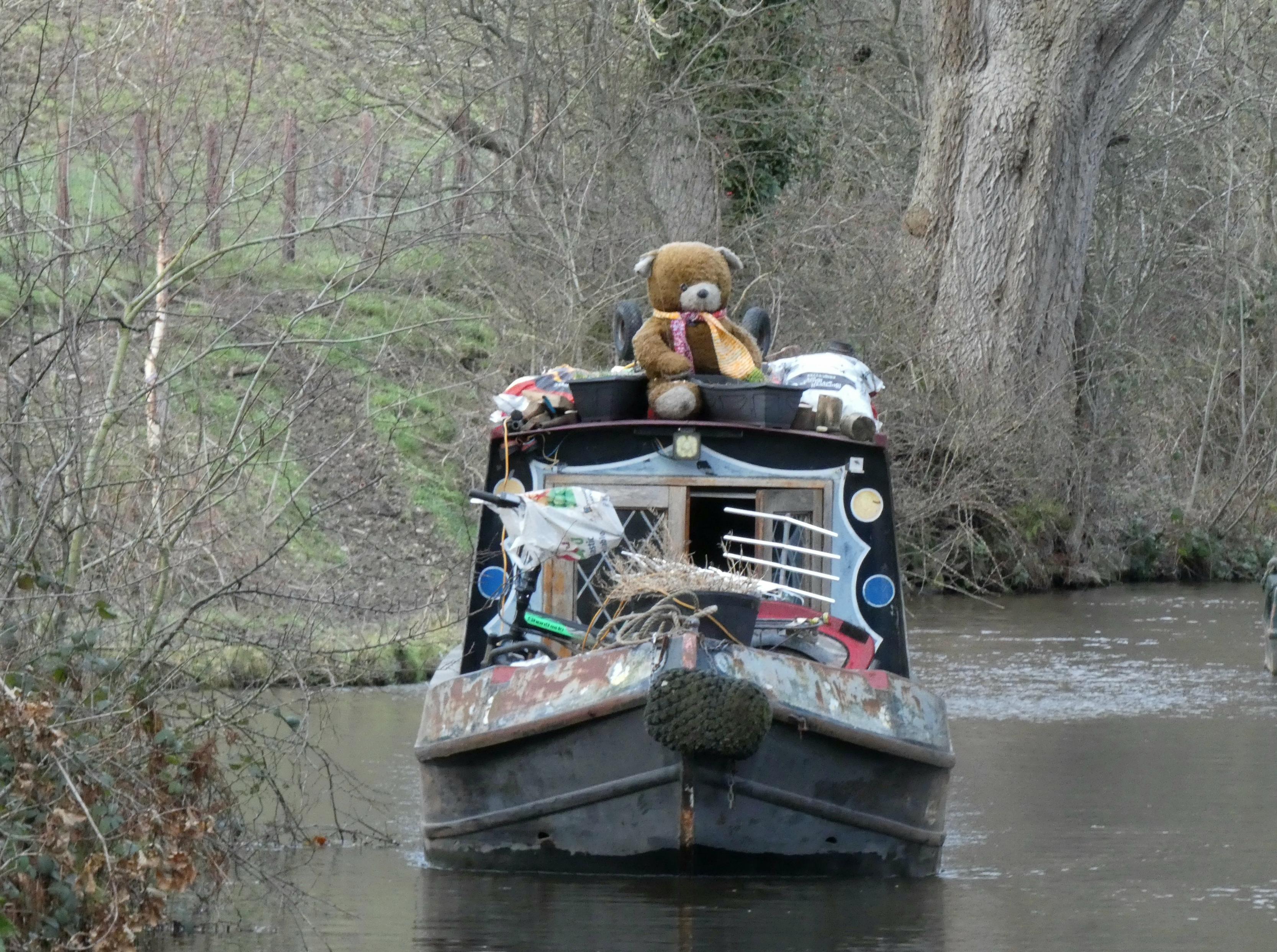 A canal barge approaching along a rural stretch of water, with trees along the opposite bank. A large brown teddy bear sits on the roof at the front, looking forwards