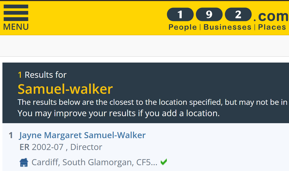 Screenshot of 192.com search results for “Samuel-walker.” 

One result is shown: “Jayne Margaret Samuel-Walker,” listed as a director (ER 2002–07) in Cardiff, South Glamorgan, with a green verification tick.

The site’s yellow header displays a menu icon and the 192.com logo.