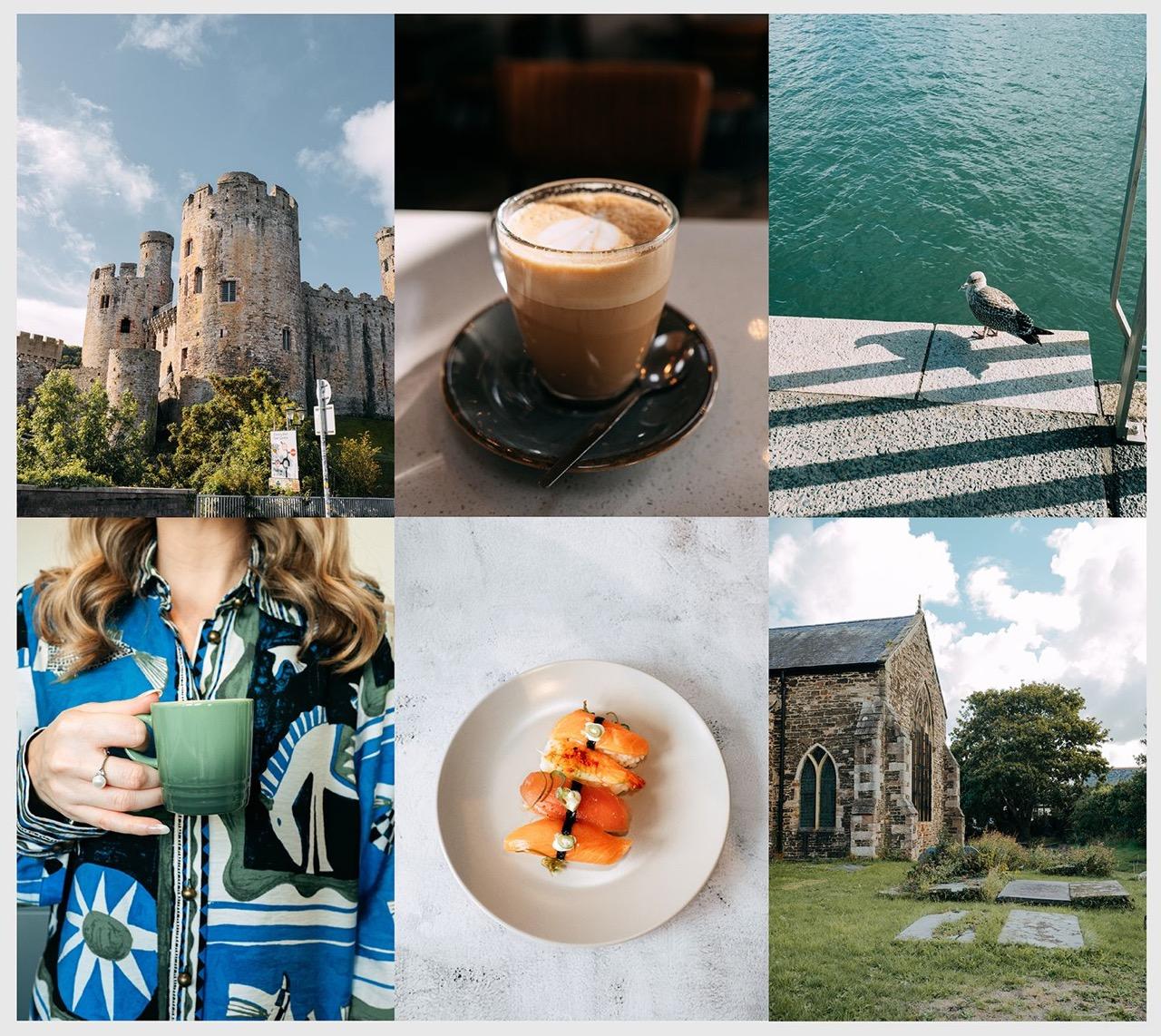 A collage featuring a historic stone castle, a latte in a glass cup, a seagull beside turquoise water, a person holding a green drink, an artistic salmon dish, and an old stone church in a peaceful countryside setting.