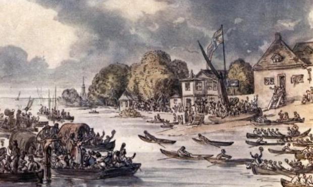 The finish of Doggett's Coat and Badge. Painting by Thomas Rowlandson (1756–1827).