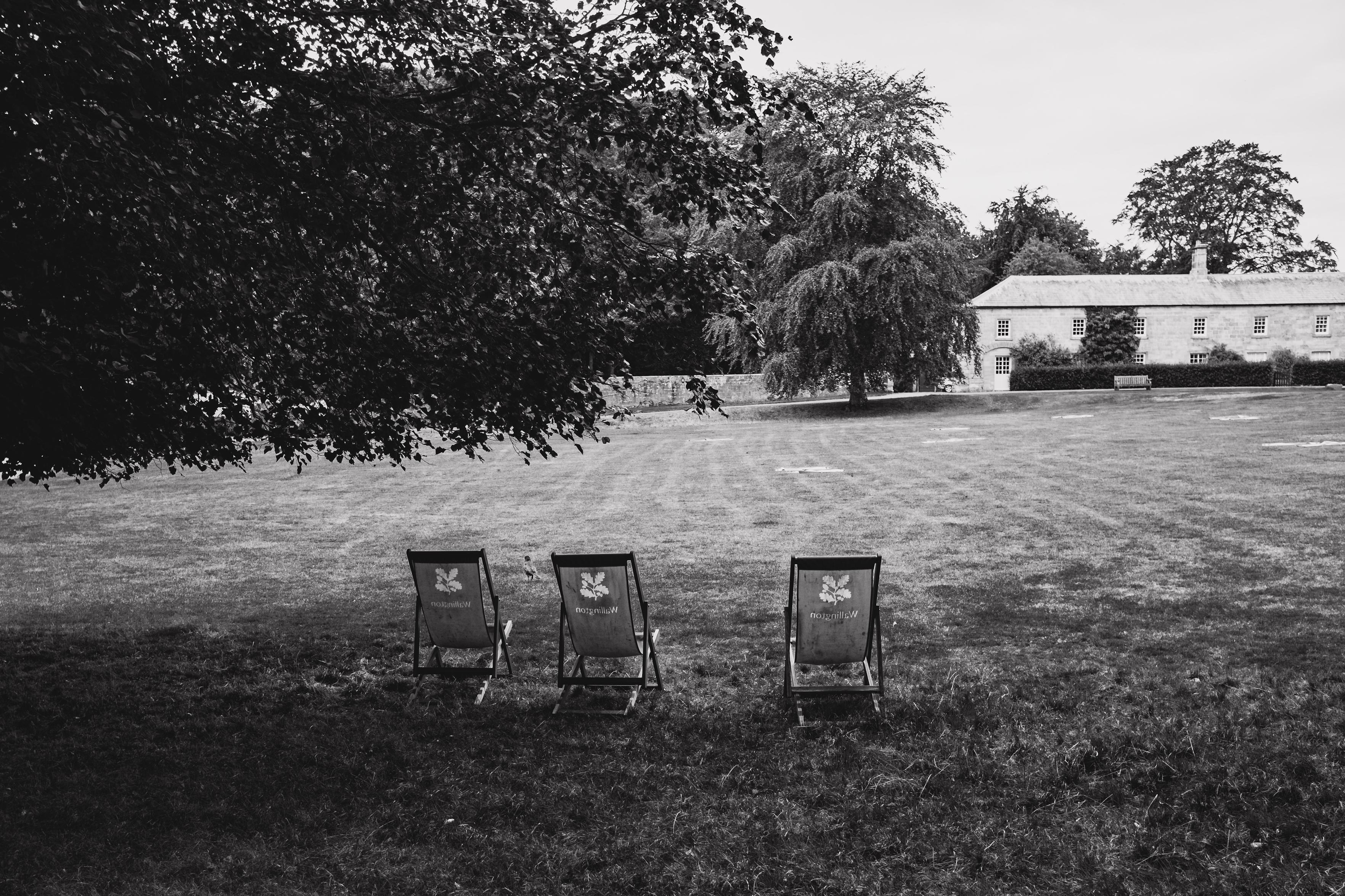 A black-and-white photograph of three National Trust deck chairs overlooking a own lawn. A tree overhang is the deck chairs and in the distance is a single tree and a low building.
