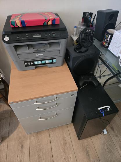 The 'after' picture - filing cabinet neatly filled with the paperwork I needed (much stuff thrown away!), printer in pride of place on the top. Much better.