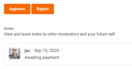 Moderator note showing we are awaiting payment